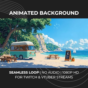 Pode incluir: Fundo animado com uma carrinha turquesa e branca numa praia, mesas de piquenique, um letreiro de café e um veleiro. O texto diz "ANIMATED BACKGROUND" e "SEAMLESS LOOP | NO AUDIO | 1080P HD FOR TWITCH & VTUBER STREAMS".