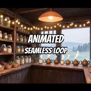 May include: A cozy wooden room with shelves filled with glass jars, a warm hanging lamp, and string lights. On the counter, several teapots and mugs emit steam, with a view of a landscape through the window. The text reads ANIMATED SEAMLESS LOOP.