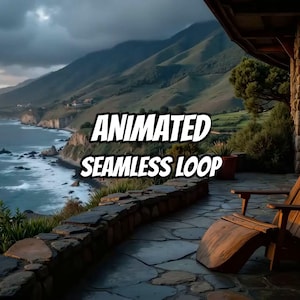 May include: A stone patio with a wooden lounge chair overlooking a coastal landscape with mountains and the ocean. The text ANIMATED SEAMLESS LOOP is centered in the middle of the view, set against a backdrop of green hills and a cloudy sky.