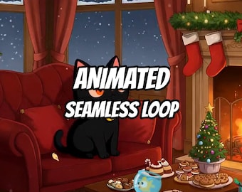 Cozy Christmas Cat Fireplace Room Animated Background for Streaming · 1080p MP4