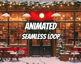 Snowy Christmas Cafe Exterior Animated Background for Lofi Videos · 1080p MP4