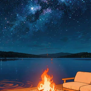 Cozy Lakeside Campfire Under Starry Night Video Background for Relaxation · 4K + 1080p MP4 image 2