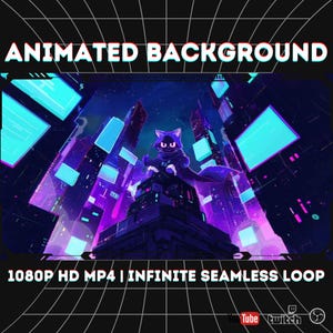 Cyberpunk Hooded Cat on Neon City Rooftop Loop | 1080p Seamless Animated Background for Twitch, OBS, YouTube & Zoom VTuber