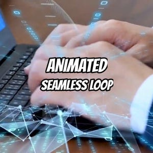以下が含まれることがあります： タイピング中の手と黒いノートパソコンのキーボード。その上に、光る青い線、ノード、バイナリコードのデジタルグラフィックが重なっている。中央には、黒い縁取りが施された太い白文字で「ANIMATED SEAMLESS LOOP」というテキストが表示されている。