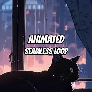 Könnte beinhalten: Eine schwarze Katzensilhouette befindet sich vor einem Fenster während eines Regenschauers mit einem violetten und orangefarbenen Sonnenuntergangshimmel. Der Text ANIMATED SEAMLESS LOOP ist in weißen Buchstaben mit schwarzem Rand zentriert.