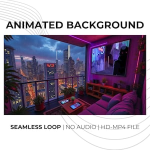 Animated Cyberpunk City Apartment Background for Virtual Meetings & Streaming | Seamless Loop LoFi Rain Night Scene HD MP4