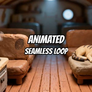 Peut inclure: Une scène miniature en argile représentant des meubles marron avec des textures d'empreintes digitales visibles sur les surfaces. Un petit chat repose sur un siège. Le texte ANIMATED SEAMLESS LOOP est centré au milieu sur le plancher en bois.
