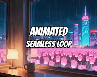 Fond animé de chambre à coucher sous la pluie dans une ville japonaise pour les streams Lo-fi · 1080p MP4