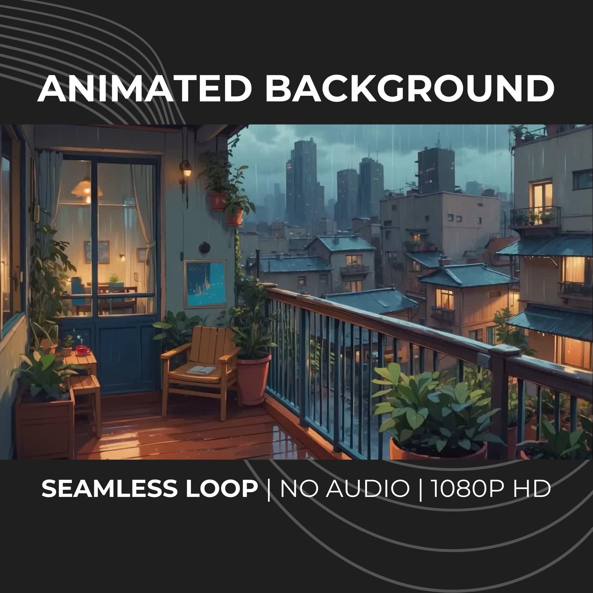 Rainy City Balcony Animated Background Loop: Lo-fi VTuber Stream Overlay (1080p Digital Download