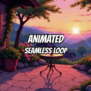 May include: A digital illustration of a patio at sunset featuring a round black metal table on a stone floor, a potted plant, and a mountain landscape in the background. The text ANIMATED SEAMLESS LOOP is centered in white with a black outline.