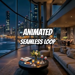 May include: A modern living room interior at night with floor-to-ceiling windows overlooking a city skyline. A round black coffee table holds a vase of flowers, two wine glasses, a book, candles, and a plate. Text reads ANIMATED SEAMLESS LOOP.