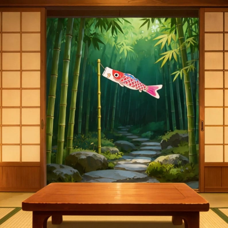 Japanse kamer bamboetuin met Koinobori geanimeerde achtergrond voor tv-screensaver · 4K + 1080p MP4 afbeelding 2