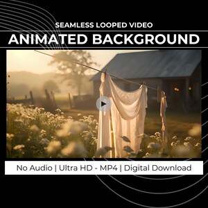 May include: An animated background video featuring a serene rural scene. White linens hang on a clothesline in front of a rustic building and a field of white flowers. The text reads "SEAMLESS LOOPED VIDEO ANIMATED BACKGROUND".