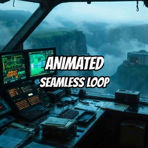 May include: A control room console with multiple computer monitors displaying data graphs and green code, a keyboard, and stacks of documents. The text ANIMATED SEAMLESS LOOP is centred over a view of misty cliffs and a stone structure.