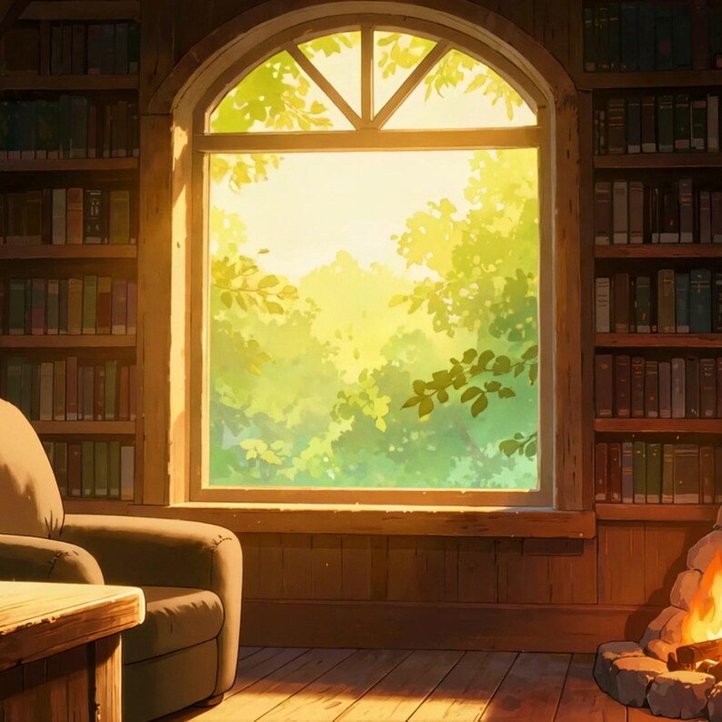 Sunny Library Fireplace Live Wallpaper for VTubers · 1080p MP4 image 2