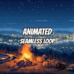 Könnte beinhalten: Eine digitale Pixel-Art-Illustration mit einem Lagerfeuer aus hellen orangefarbenen und gelben Flammen, umgeben von orangefarbenen Kürbissen auf dunklem Boden, mit einer nächtlichen Stadtsilhouette im Hintergrund und dem Text ANIMATED SEAMLESS LOOP.