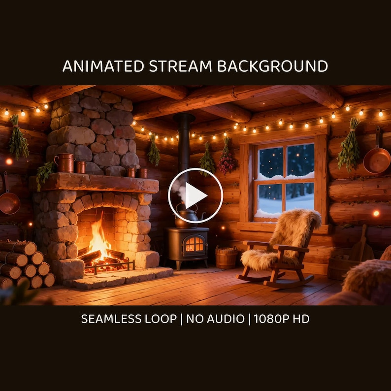 Accogliente sfondo animato con camino e gatto addormentato in una baita, ideale per le dirette su Twitch · 4K + 1080p MP4 immagine 1