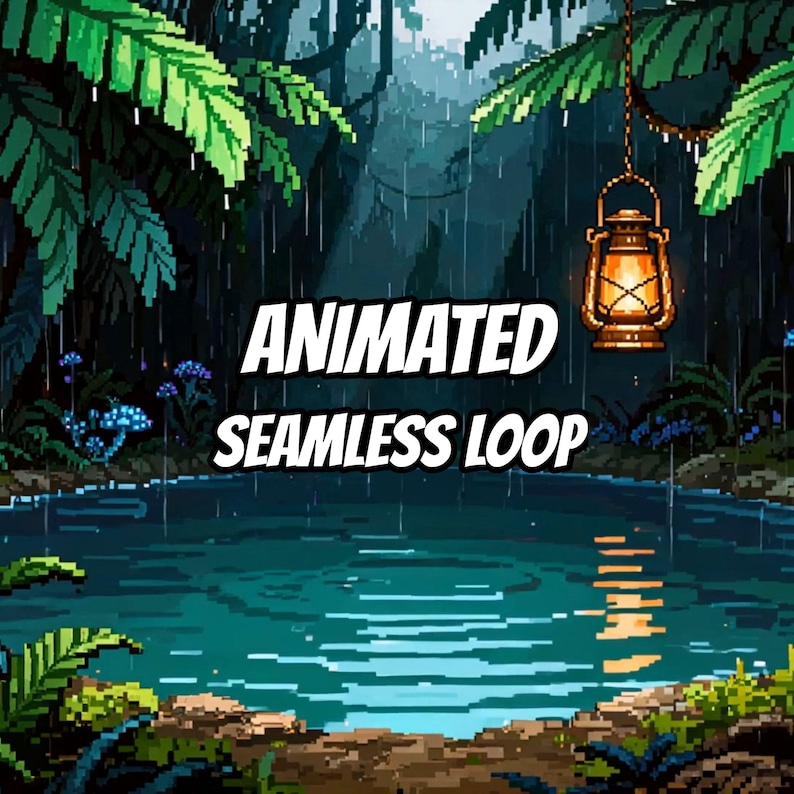 Pixelkonst Regnig Djungeldamm med Lykta Animerad Bakgrund för Streaming · 1080p MP4 bild 1