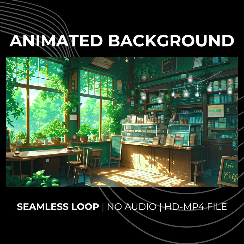 アニメーション付きローファイカフェ動画背景：居心地の良い緑のコーヒーショップ（MP4デジタルダウンロード） 画像 2