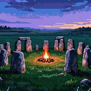Pixel Art Stone Circle Bonfire Animated Background for VTubers · 1080p MP4 image 2