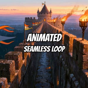 Fundo animado com pôr do sol e muralhas de castelo iluminadas por tochas para VTubers · 1080p MP4 imagem 1