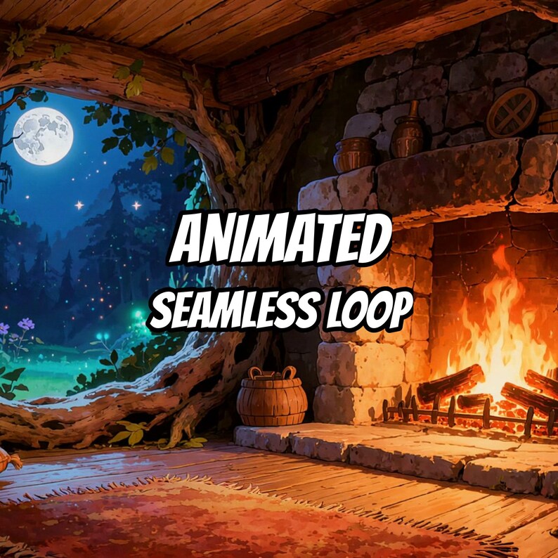 Vídeo de fundo mágico com lareira na floresta iluminada pelo luar para o Spotify Canvas · 1080p MP4 imagem 1