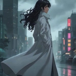 Solitary Anime Woman White Coat Rainy Urban Street Animated Background · 1080p MP4 image 2