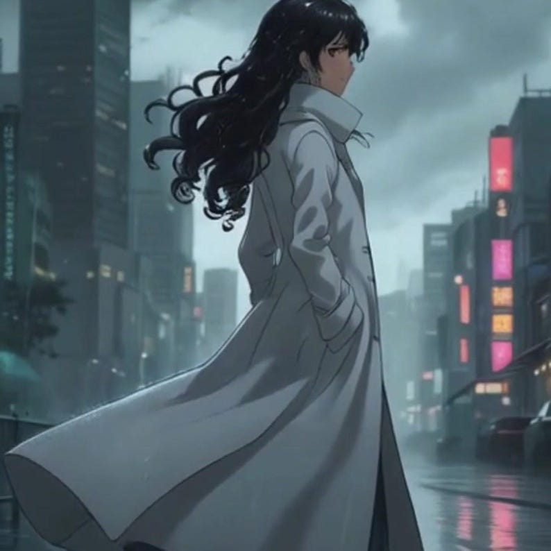 Solitary Anime Woman White Coat Rainy Urban Street Animated Background · 1080p MP4 image 2