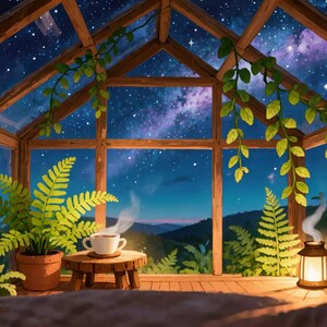 Starry Night Greenhouse Cozy Retreat Animated Wallpaper for Lofi and Study · 1080p MP4 image 2