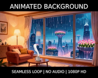 Rainy Cyberpunk Apartment Window Animated Background for Lofi · 1080p MP4