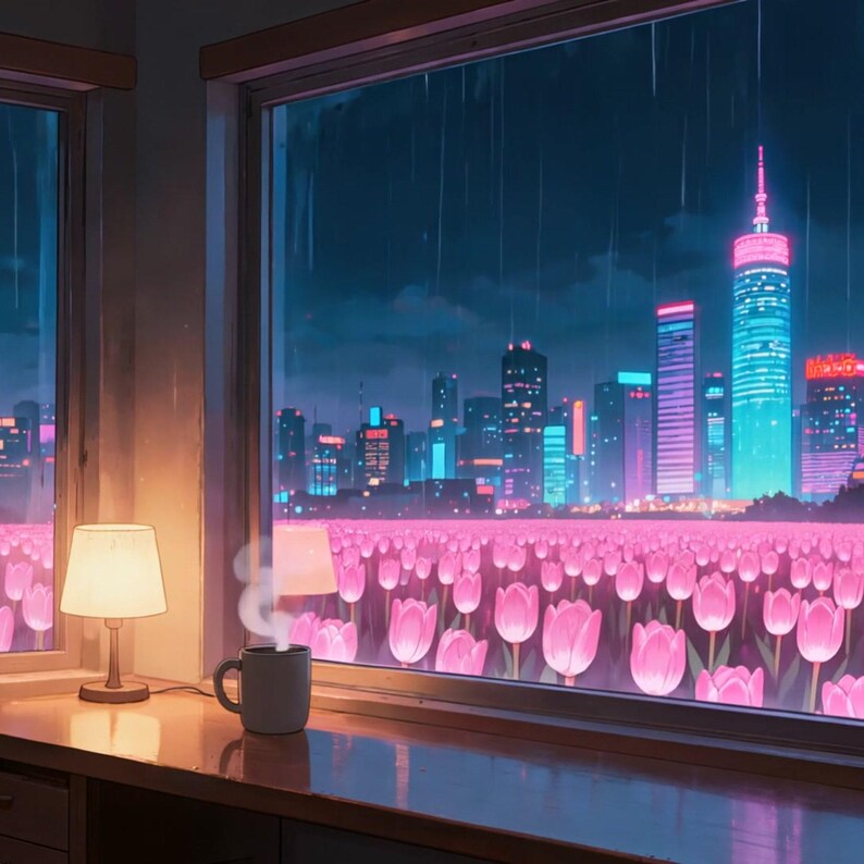 Fundo animado com vista de quarto em cidade japonesa chuvosa para transmissões Lo-fi · 1080p MP4 imagem 2