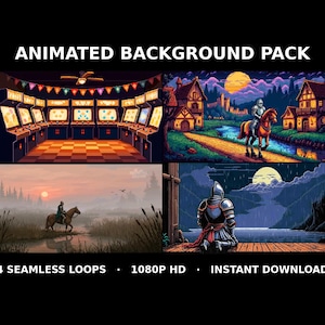 Peut inclure: Pack de fonds animés présentant quatre scènes en pixel art : une salle d'arcade avec des guirlandes, un chevalier à cheval dans un village, un cavalier dans un marais brumeux au coucher du soleil et un chevalier agenouillé au bord d'un lac sous la pluie.