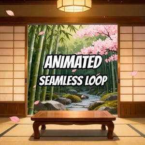 Fond animé d'une pièce japonaise donnant sur une forêt de bambous et de cerisiers en fleurs, idéal pour les créateurs de contenu · 1080p MP4 image 1