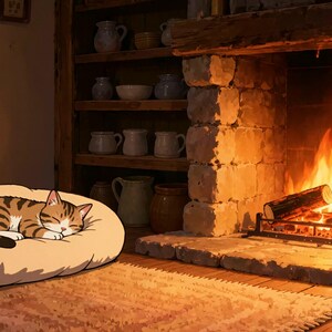 Fondo de pantalla animado "Acogedora chimenea, siesta de gato" para podcasts · MP4 1080p imagen 2