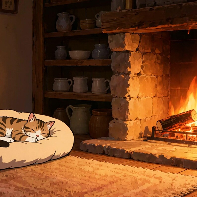 Fondo de pantalla animado "Acogedora chimenea, siesta de gato" para podcasts · MP4 1080p imagen 2