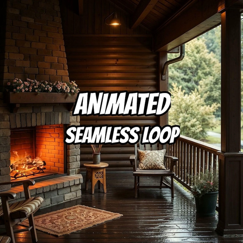 Fond animé pour le streaming : cheminée de chalet confortable et fenêtre pluvieuse · 1080p MP4 image 1