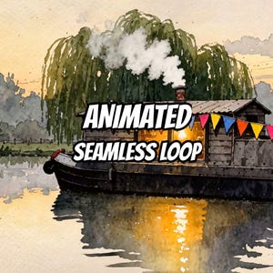 Op de afbeelding: Een aquarelillustratie van een donkere woonboot op een rustige rivier bij zonsondergang, met een schoorsteen met witte rook, kleurrijke driehoekige vlaggetjes en een warm verlicht raam. De tekst ANIMATED SEAMLESS LOOP is in het wit over de afbeelding geplaatst.