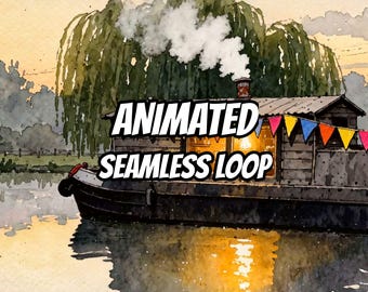 Gemütliche Flusslandschaft mit einem schmalen Hausboot – animierter Hintergrund für Streaming · 1080p MP4