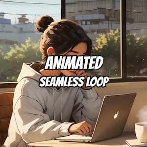 May include: An animated digital illustration of a person with dark hair in a bun wearing a light gray hoodie, typing on a silver laptop with an Apple logo. The text ANIMATED SEAMLESS LOOP is overlaid in white with a black outline across the center.