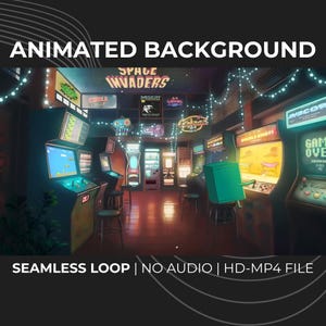 Può includere: Immagine di sfondo animata di una sala giochi retrò con varie macchine da gioco, insegne al neon e luci a stringa. Il testo "ANIMATED BACKGROUND" è in alto e "SEAMLESS LOOP | NO AUDIO | HD-MP4 FILE" in basso.