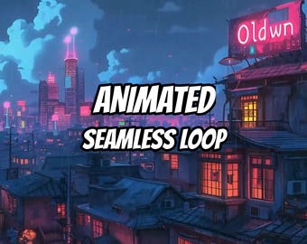May include: A digital illustration of a city skyline at night with blue and purple tones, featuring buildings with glowing windows and a prominent neon sign reading Oldwn. The text ANIMATED SEAMLESS LOOP is centered in white with a black outline.