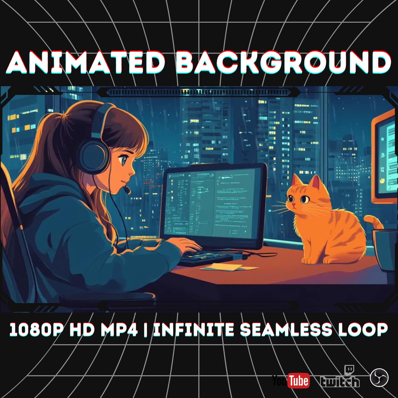 Coding Night Animated Background Loop: Cat & Cityscape (1080p MP4 ...
