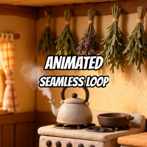 May include: A white ceramic kettle sits on a stove, emitting steam, with a dark brown pan nearby. Bundles of dried herbs hang from the wall above. The text "ANIMATED SEAMLESS LOOP" is centered in the image. The kitchen features warm, light-colored walls.
