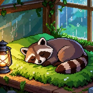 Cozy Raccoon Rainy Greenhouse Animated Background for Streaming · 1080p MP4 image 2