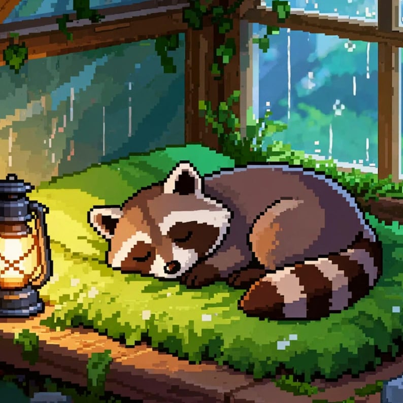Cozy Raccoon Rainy Greenhouse Animated Background for Streaming · 1080p MP4 image 2