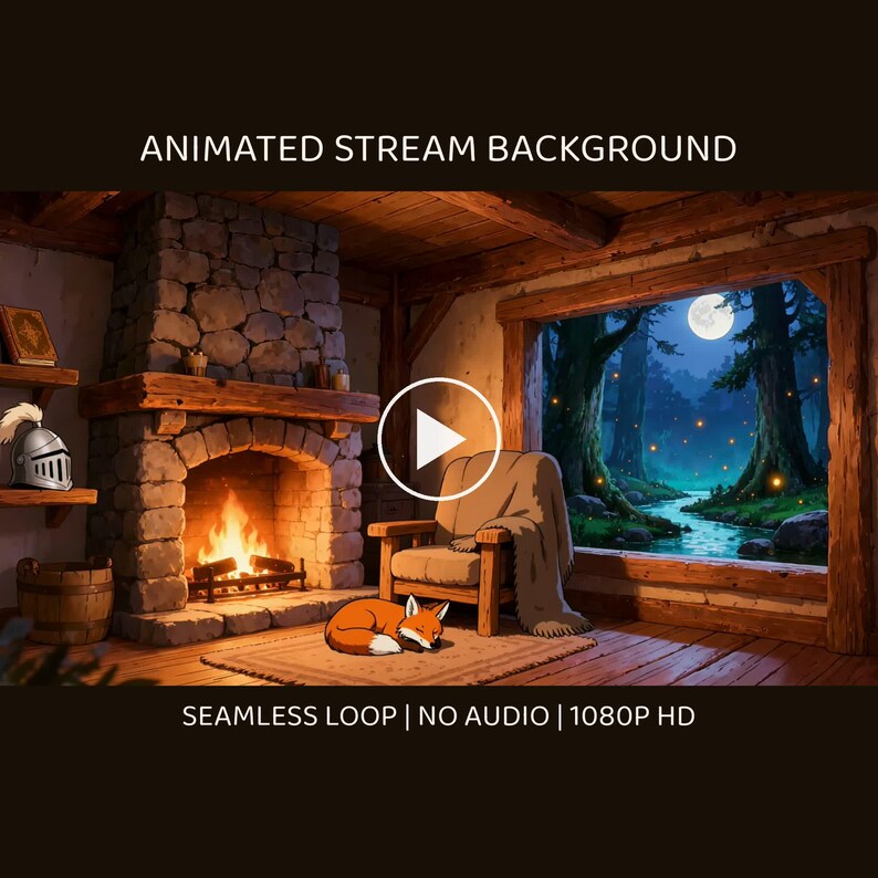 Cozy Fireplace Moonlit Forest Animated Backdrop for Live Streams · 4K + 4K + 1080p MP4 image 1