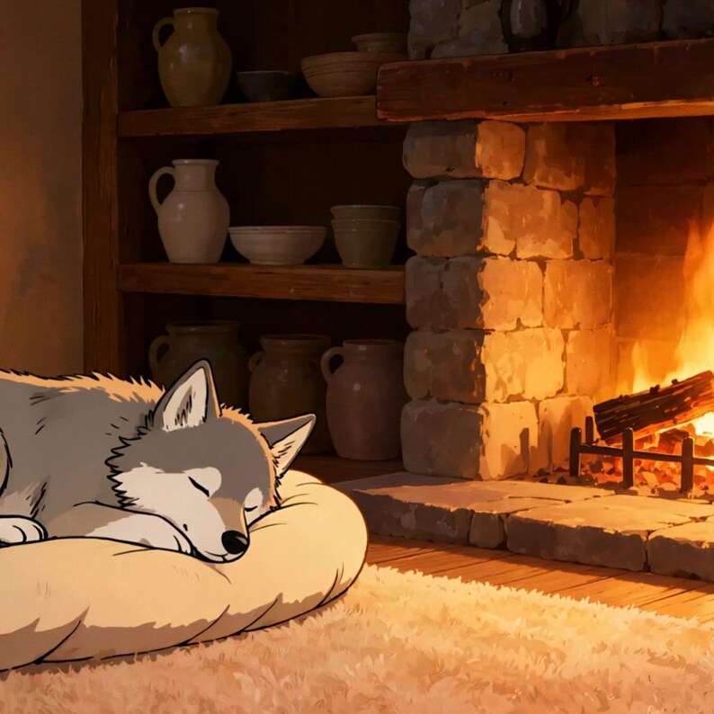 Gezellige live wallpaper met slapende wolf bij de open haard voor studiesessies · 1080p MP4 afbeelding 2