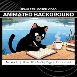 Puede incluir: Vídeo de fondo animado con un gato negro escribiendo en un cuaderno, con una taza de café y libros sobre una mesa de madera. El fondo muestra un lago y el cielo. El texto de la imagen dice "SEAMLESS LOOPED VIDEO ANIMATED BACKGROUND" y "No Audio | Ultra HD - MP4 | Digital Download".