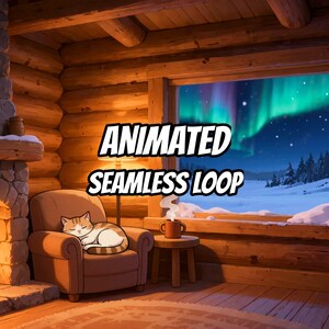 Sfondo animato "Accogliente baita con aurora boreale" per streaming VTuber · 1080p MP4 immagine 1