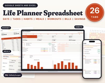 Life Planner Spreadsheet, Google Sheets and Excel, 26 Tabs, ADHD Daily Planner, Budget, Meal Plan, Habit Tracker, Debt Payoff, Undated